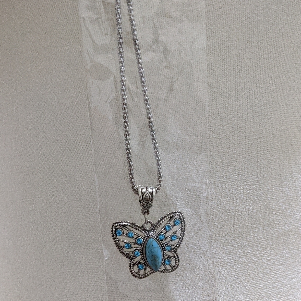 Silver and Blue Butterfly Pendant Necklace